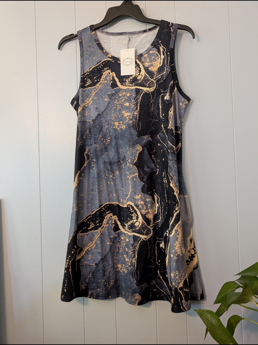 Sleeveless Marble-Print Mini Dress with Pockets in Gray and Gold by Camisa